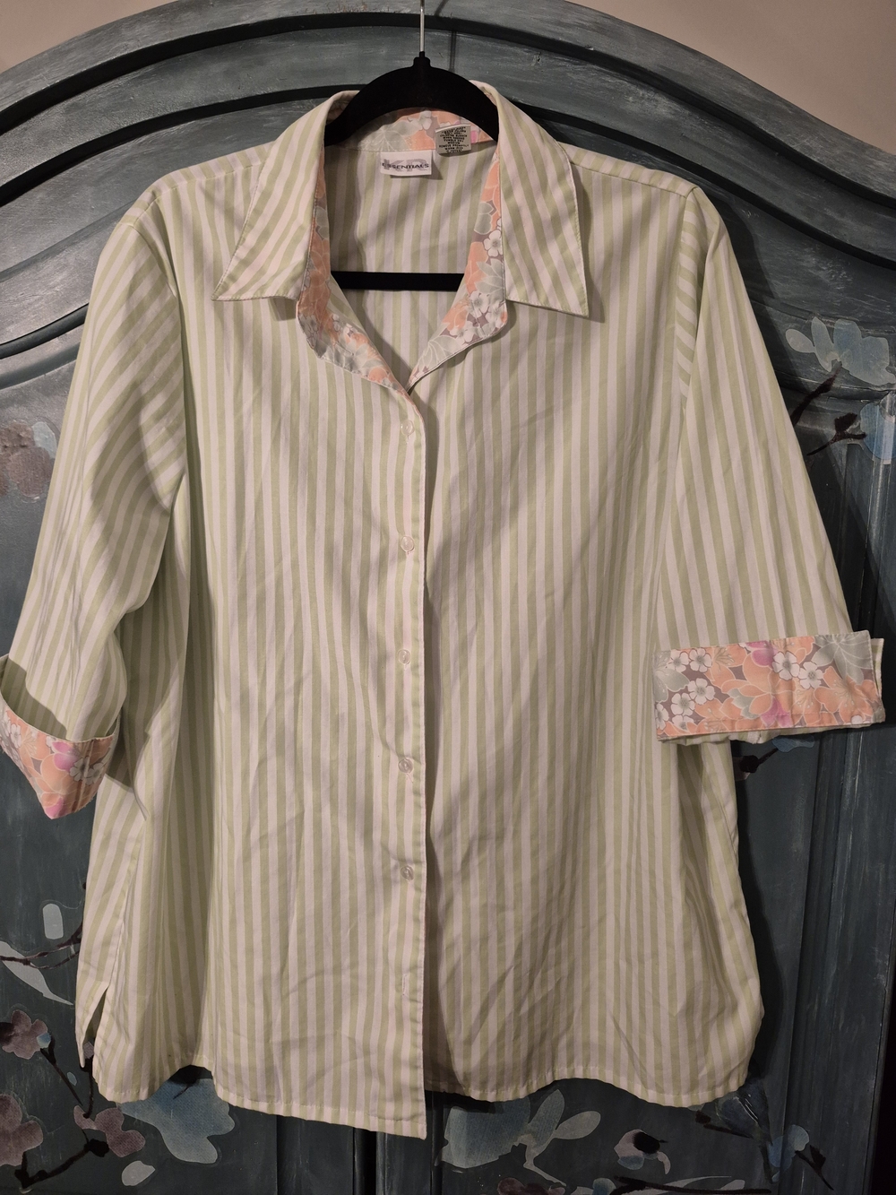 Essentials Pale Green & White Striped Button-Up with Floral Trim